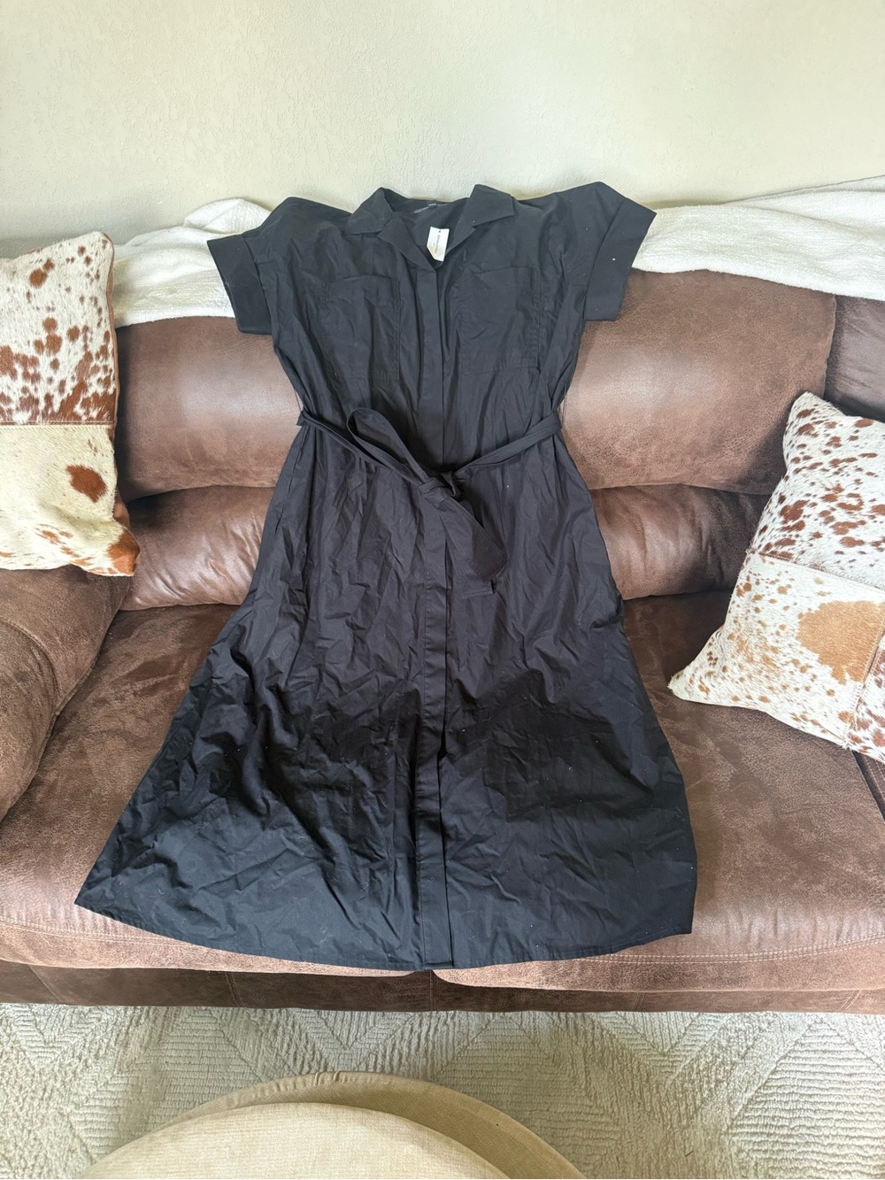 Banana Republic Black Short-Sleeve Midi Shirt Dress with Waist Tie